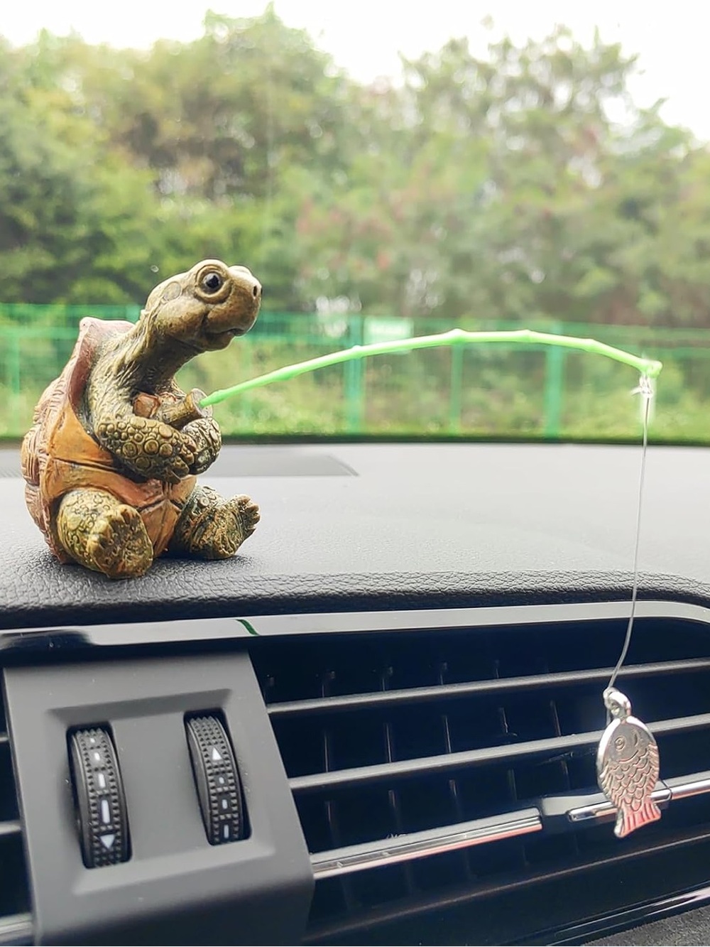 Turtle Figurine with Fishing Rod - Decorative Reptile Accent in Green and Brown
